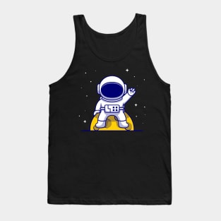 Cute Astronaut Sitting On Moon And Waving Hand Cartoon Tank Top